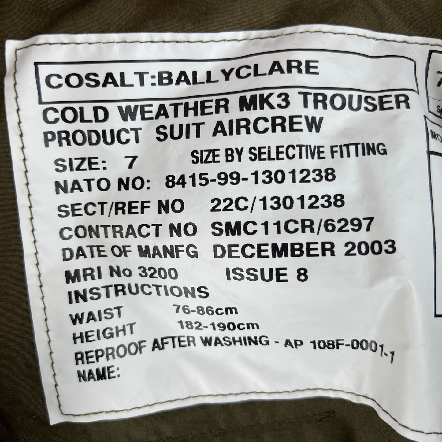British RAF MK3 FR Cold Weather Aircrew Trousers - W32 L32.5