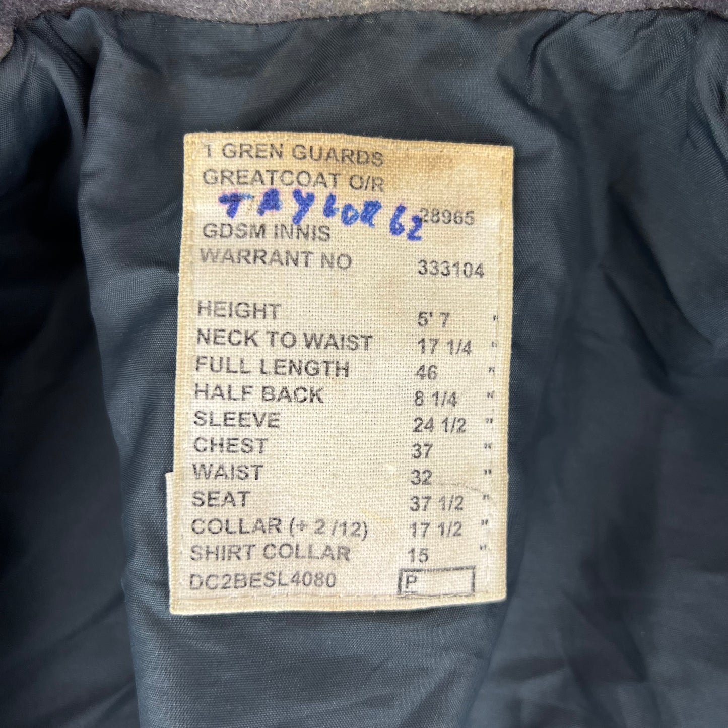 British Army Footguards Wool Greatcoat - Grenadier Guards - Small