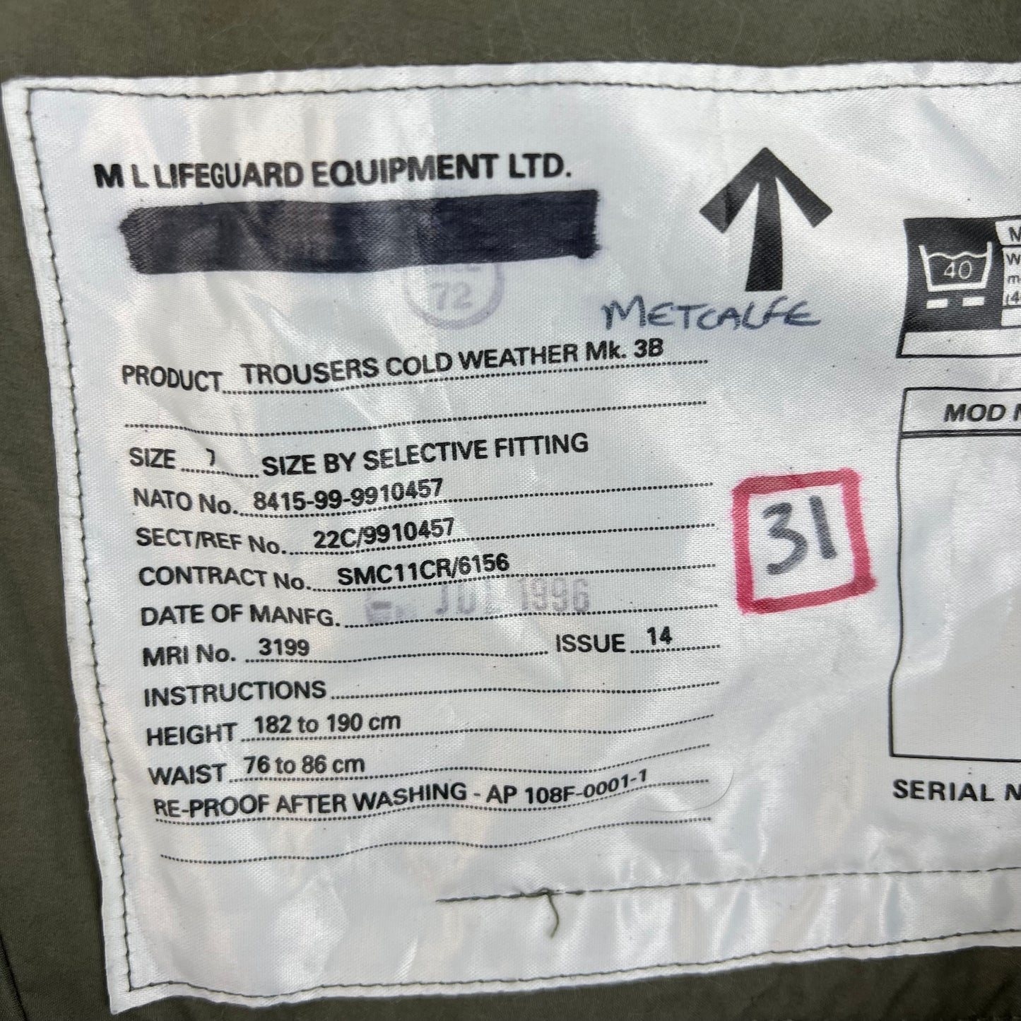 British RAF Beaufort MK3B FR Cold Weather Aircrew Trousers - W39 L32 SIZE 7