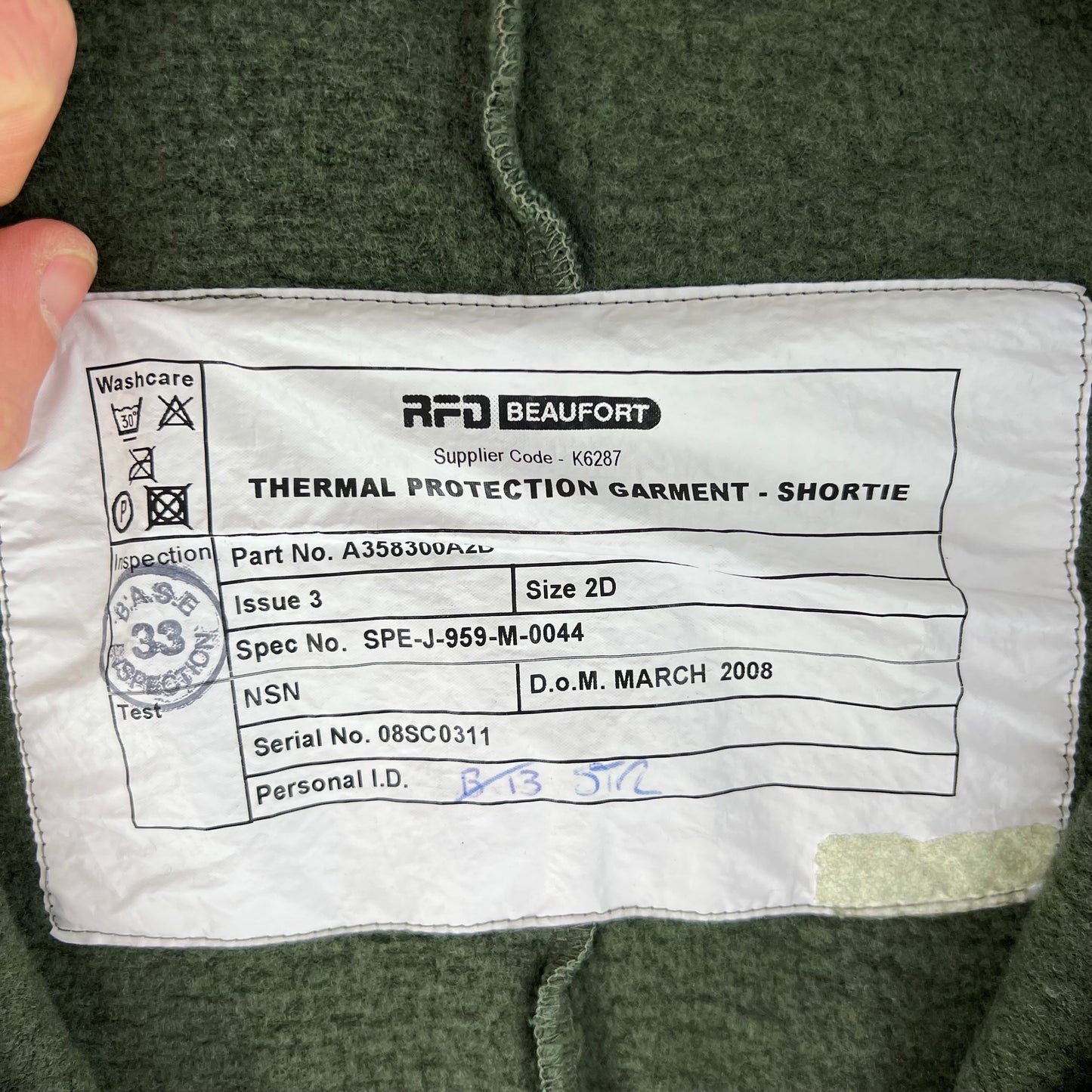 British Army Beaufort Green Thermal Protection Garment Singlet - Shortie - Large