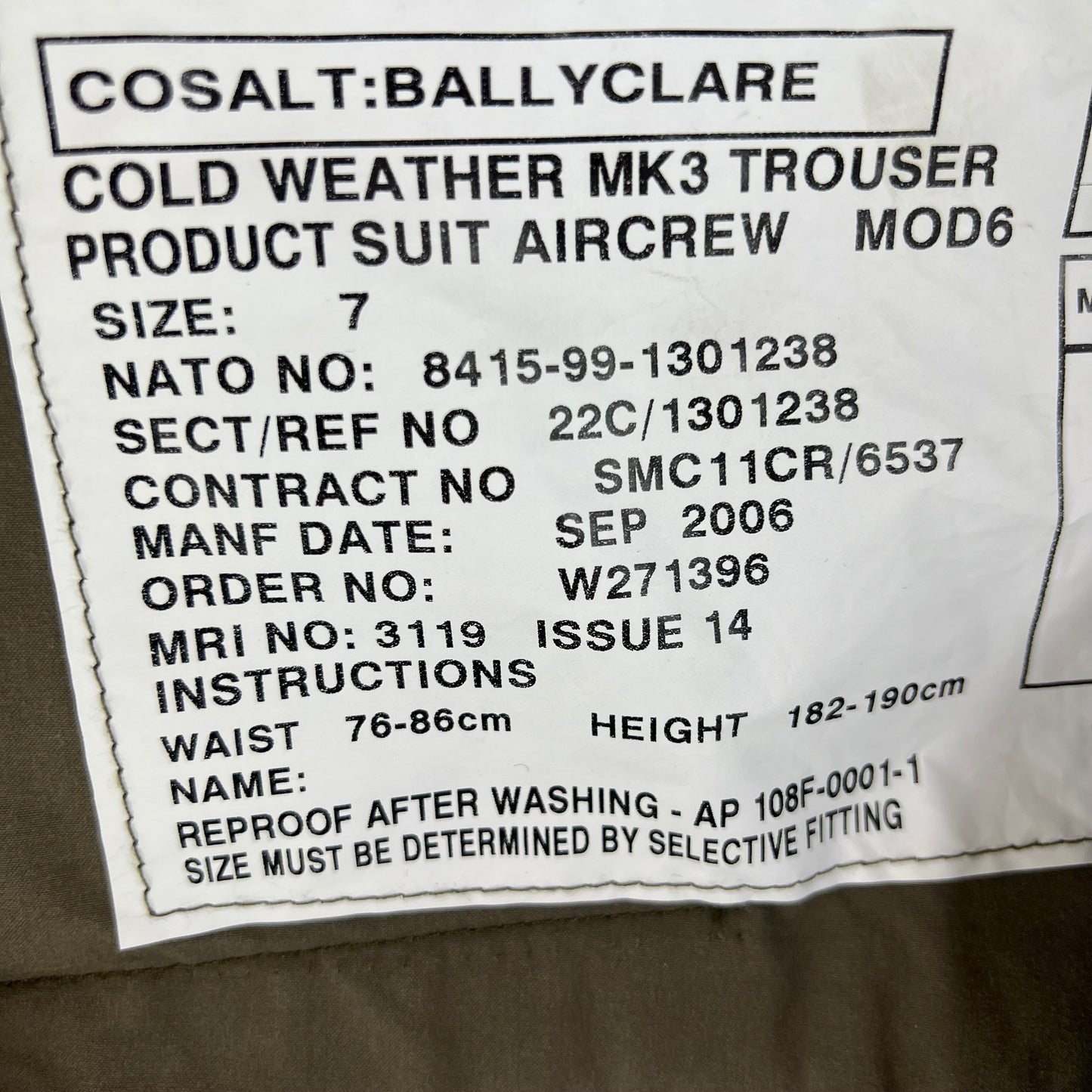 British RAF MK3 FR Cold Weather Aircrew Trousers - W32 L31