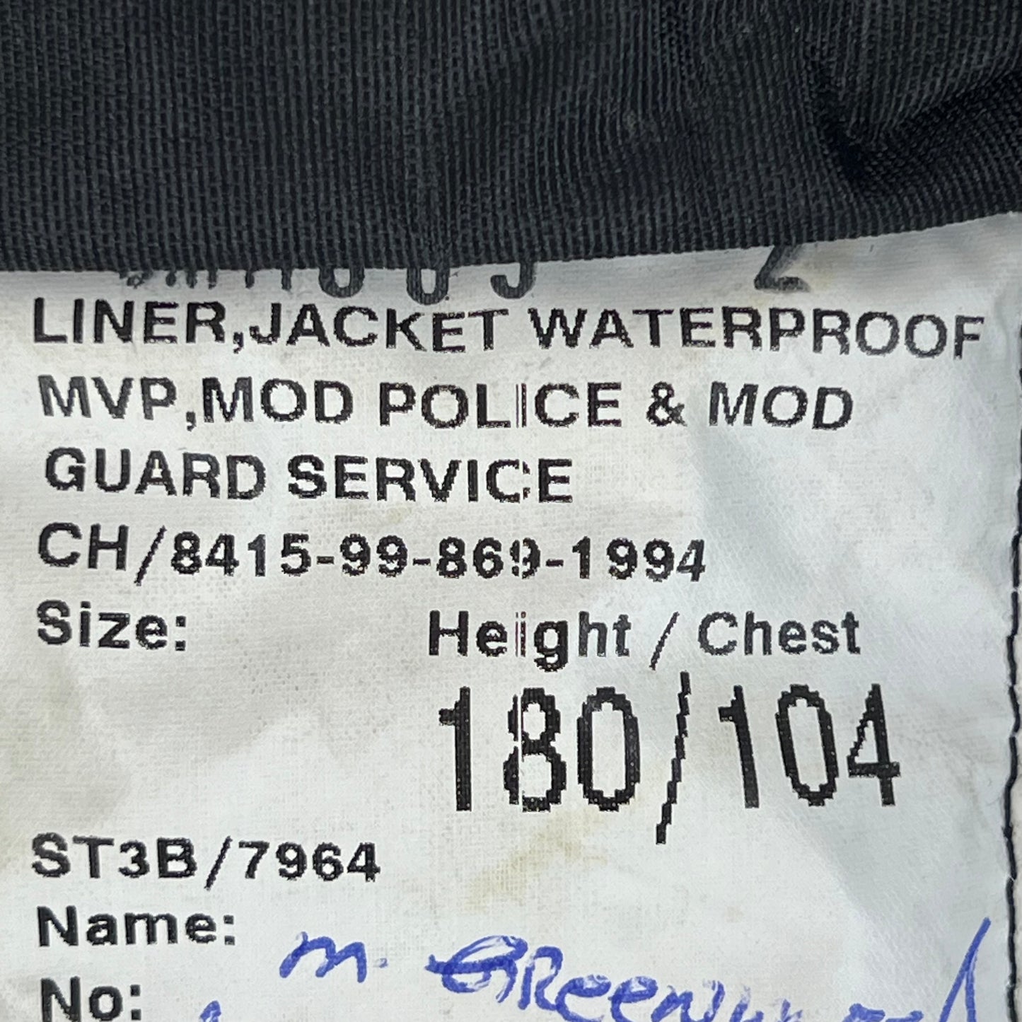 British Police / MoD Guard's Jacket Liner - Large 180/104
