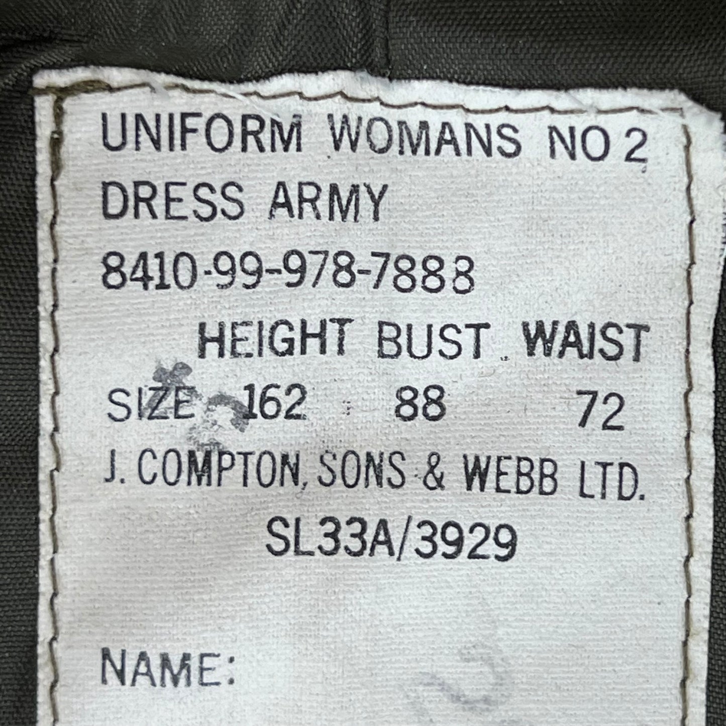 British Army Women's 1980 Pattern No. 2 Olive Green Dress Jacket - Welbeck College - Small 162/88