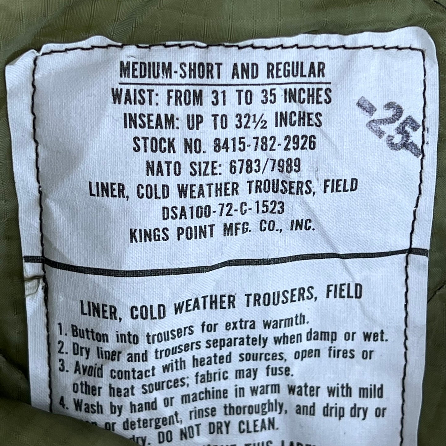 US Army Olive Green Onion Quilted Cold Weather Trouser Liners - Medium