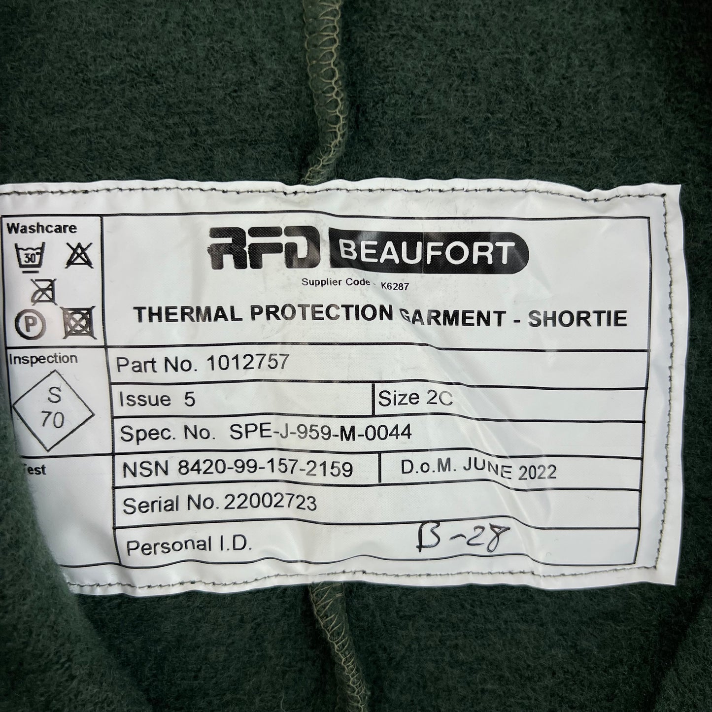 British Army Beaufort Green Thermal Protection Garment Singlet - Shortie - Small