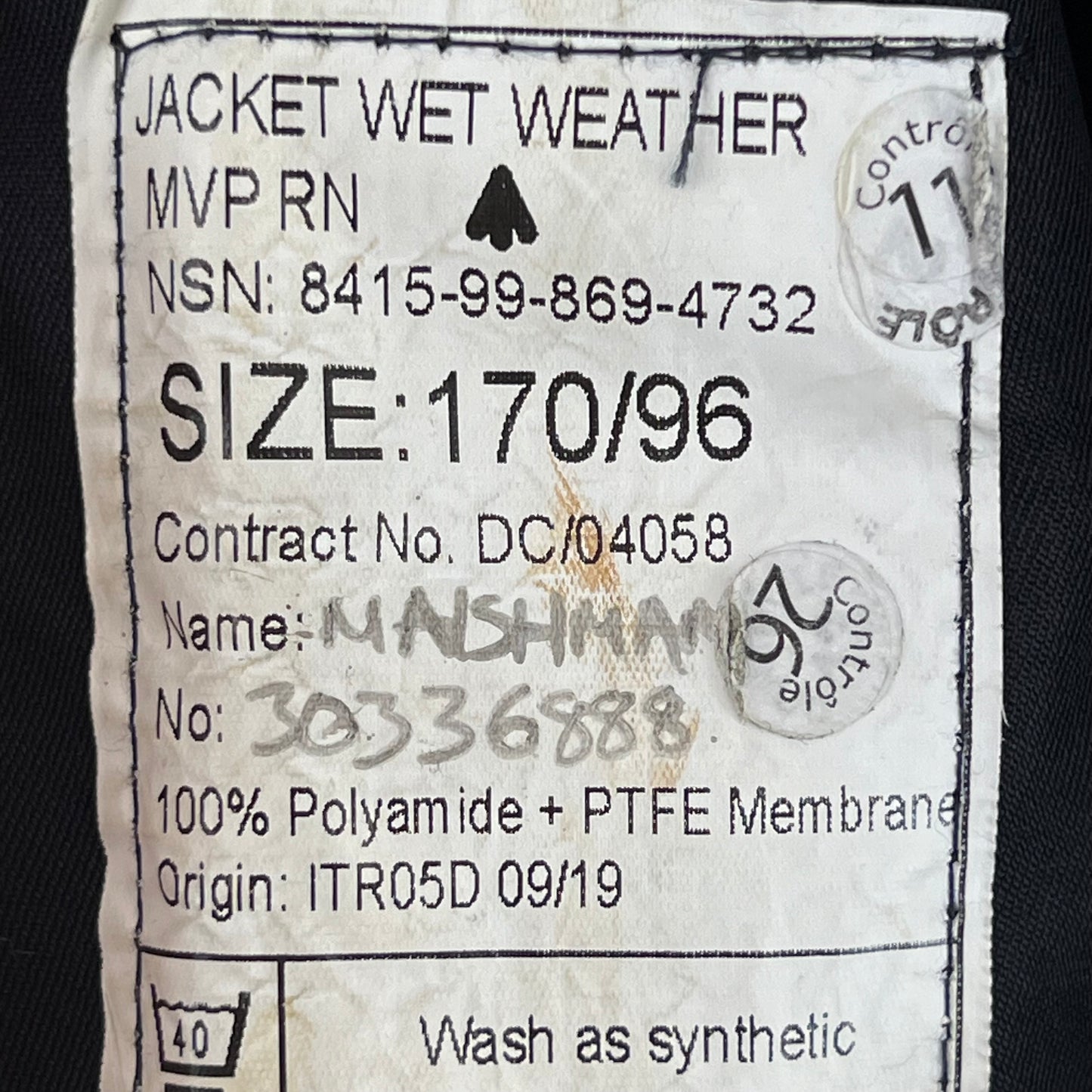British Royal Navy Foul Weather MVP Smock - Medium 170/96