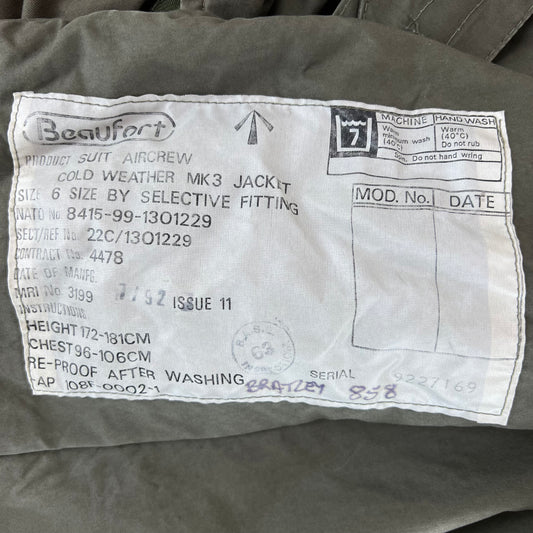 British RAF Aircrew Beaufort Cold Weather Mk 3 Jacket - Medium SIZE 6