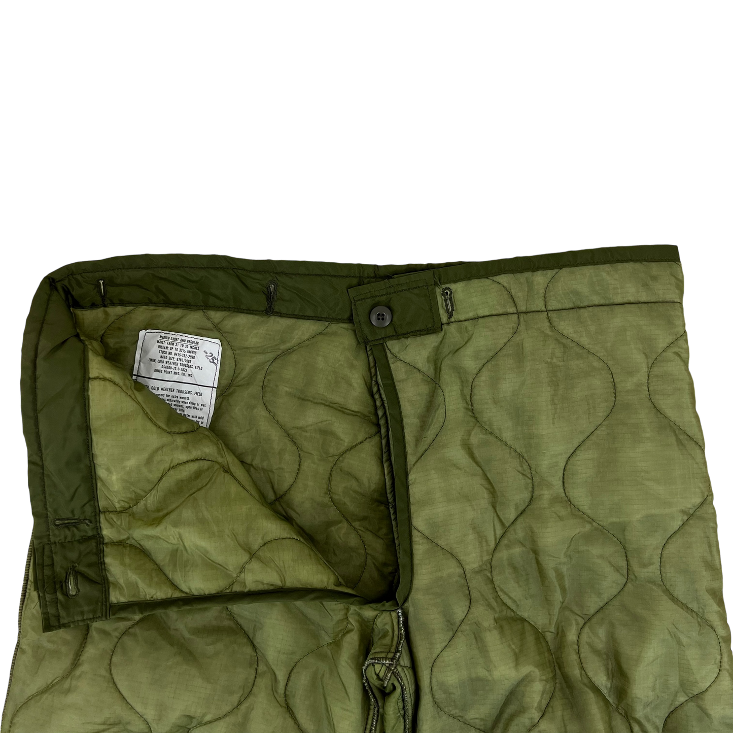 US Army Olive Green Onion Quilted Cold Weather Trouser Liners - Medium