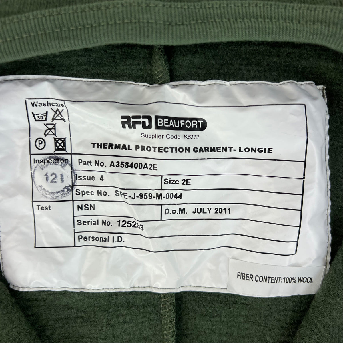 British Army Beaufort Green Thermal Protection Garment Onesie - Longie - Large