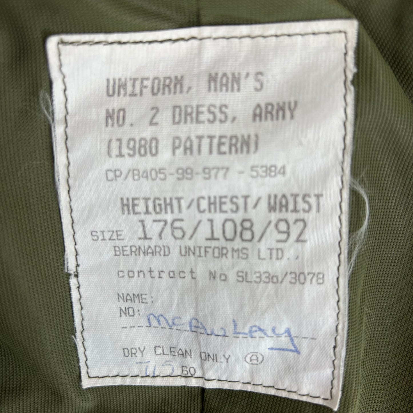 British Army 1980 Pattern No. 2 Olive Green Dress Jacket - RLC - Large 176/108