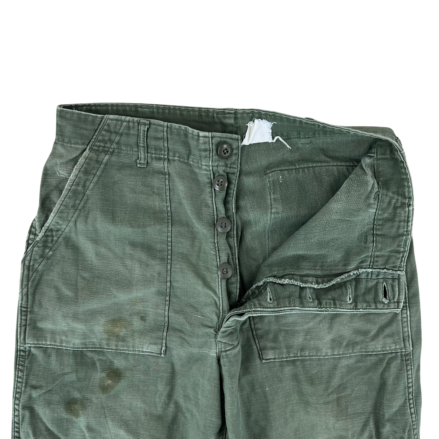 US Army 60s Sateen Olive Green Fatigue Trousers - W32 L26.5