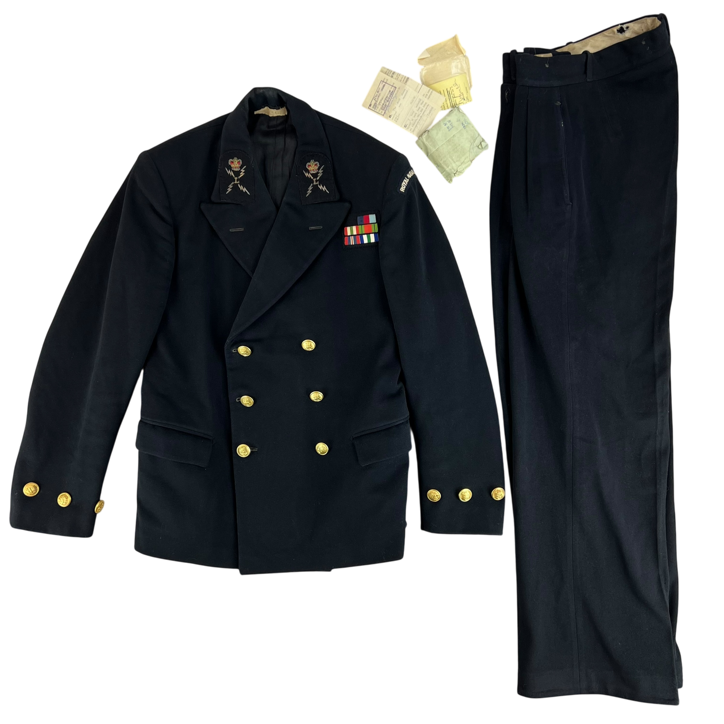 British Royal Naval Reserves 50s Black Dress Uniform - Jacket & Trousers w/ Ephemera - Medium