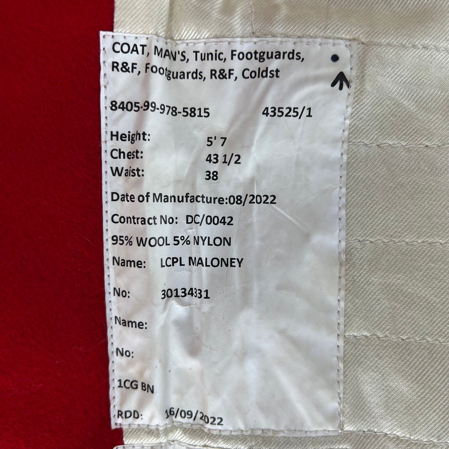 British Army Footguard's Jacket R & F - Coldstream Guards - Large