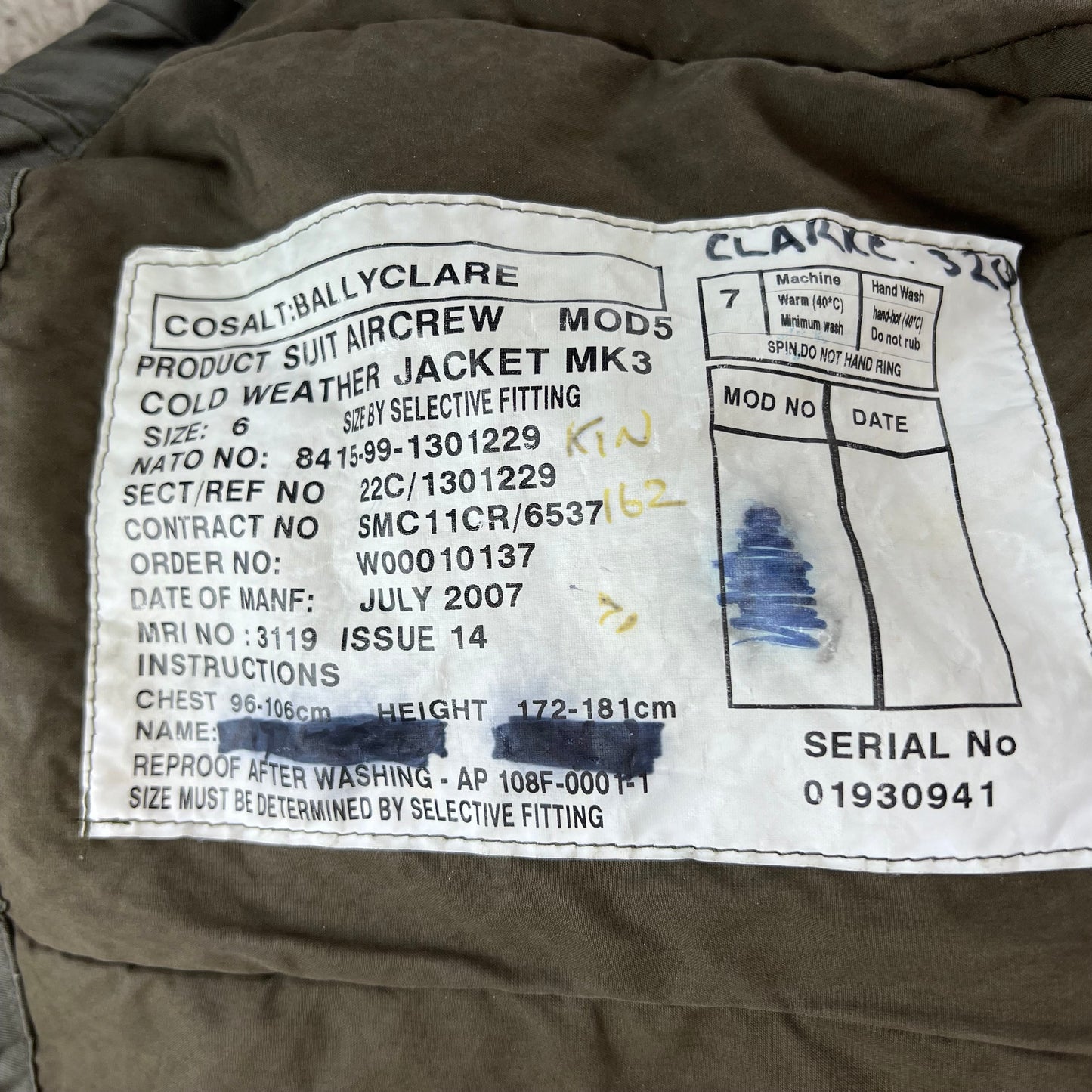 British RAF Aircrew Ballyclare Cold Weather Mk 3 Jacket - Medium SIZE 6