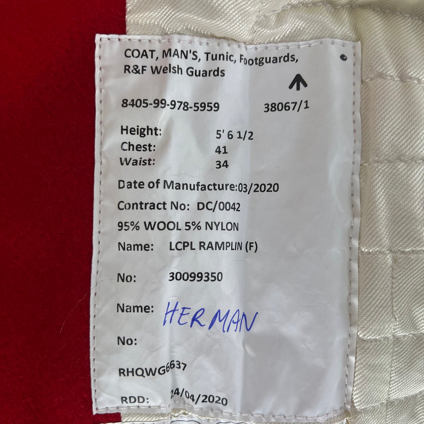 British Army Footguard's Jacket R & F w/ Wings - Welsh Guards - Medium