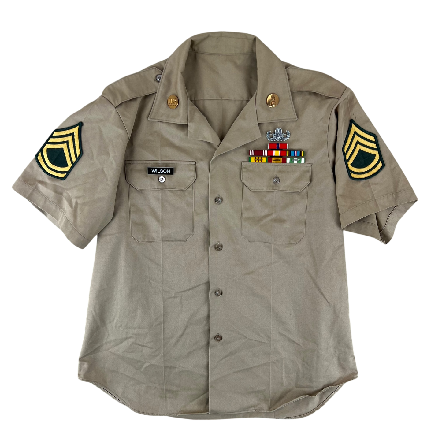 US Army 70s Khaki Short Sleeve Shirt w/ Decorations - Large