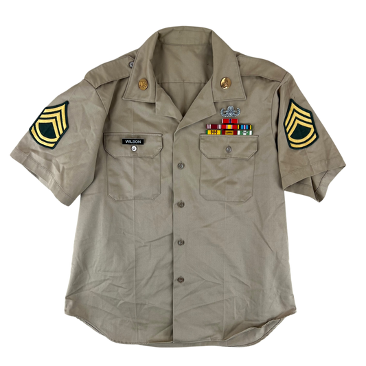 US Army 70s Khaki Short Sleeve Shirt w/ Decorations - Large