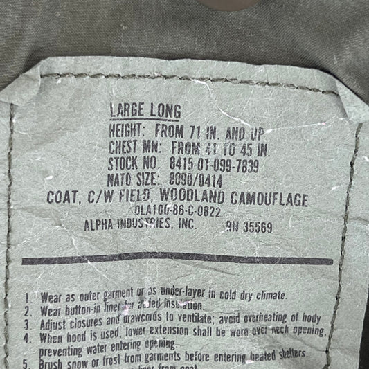 US Army M81 Woodland Camo M65 Cold Weather Field Coat - Large Long