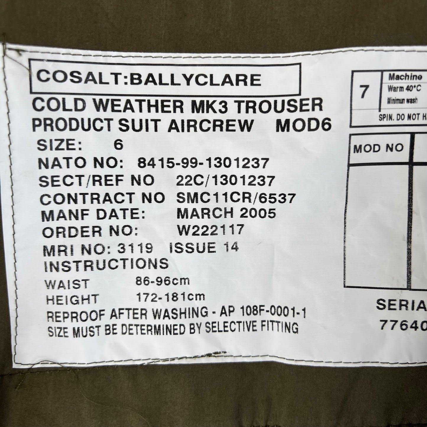 British RAF MK3 FR Cold Weather Aircrew Trousers - W36 L30