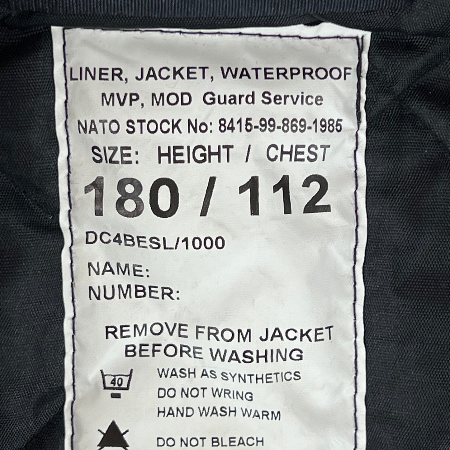 British Police / MoD Guard's Jacket Liner - Large 180/112