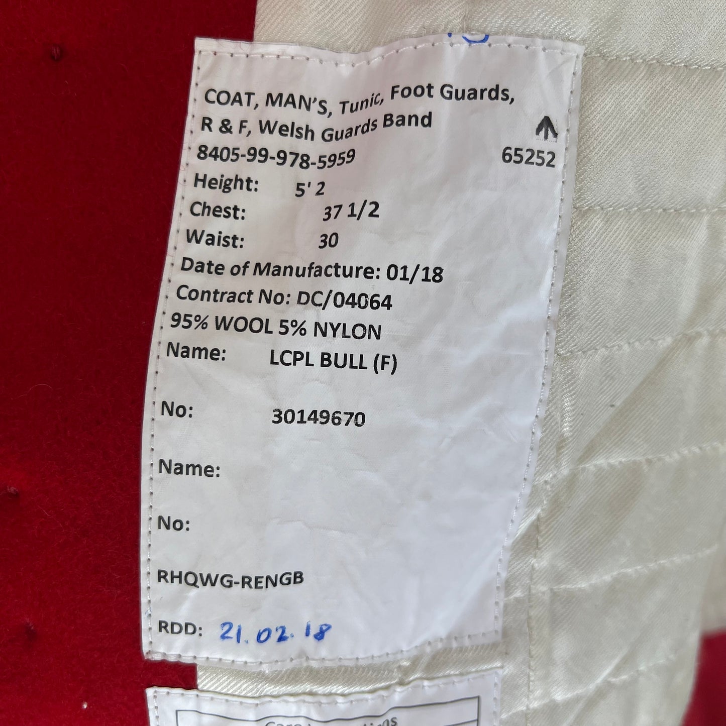 British Army Footguard's Jacket R&F Band - Welsh Guards - Medium