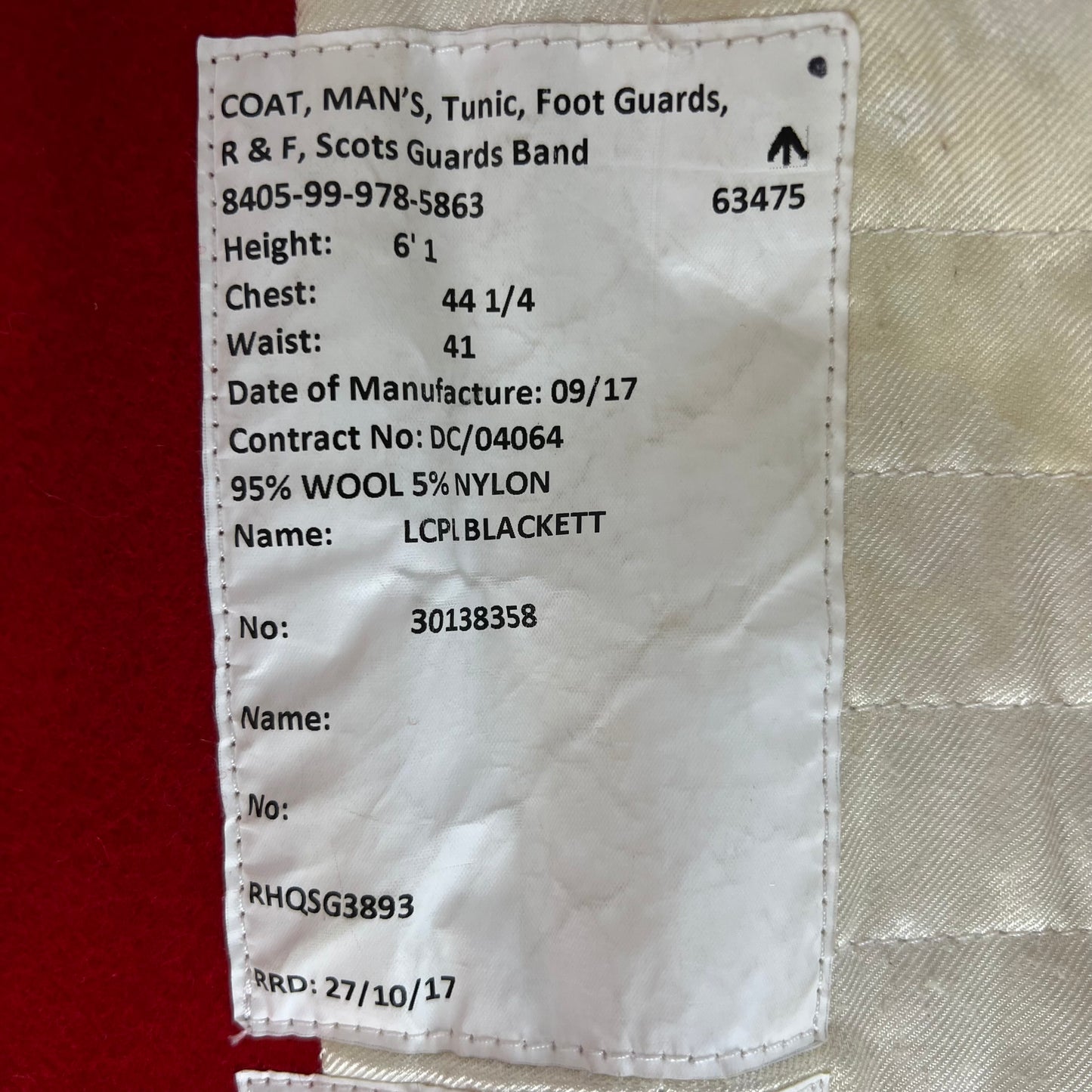 British Army Footguard's Jacket R & F - Scots Guards - Large