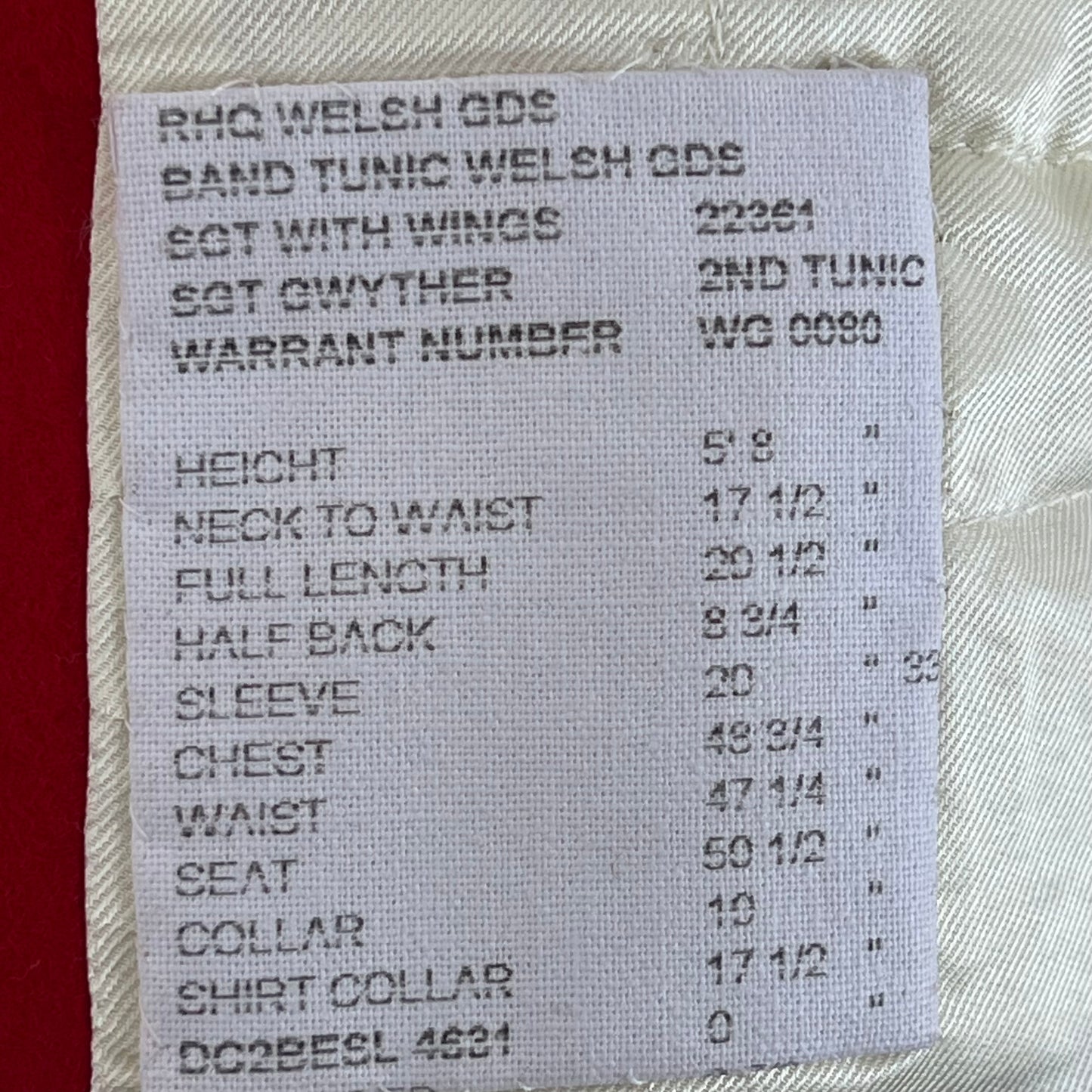 British Army RHQ SGTS Bandsman's Tunic Jacket w/ Wings - Welsh Guards - Large