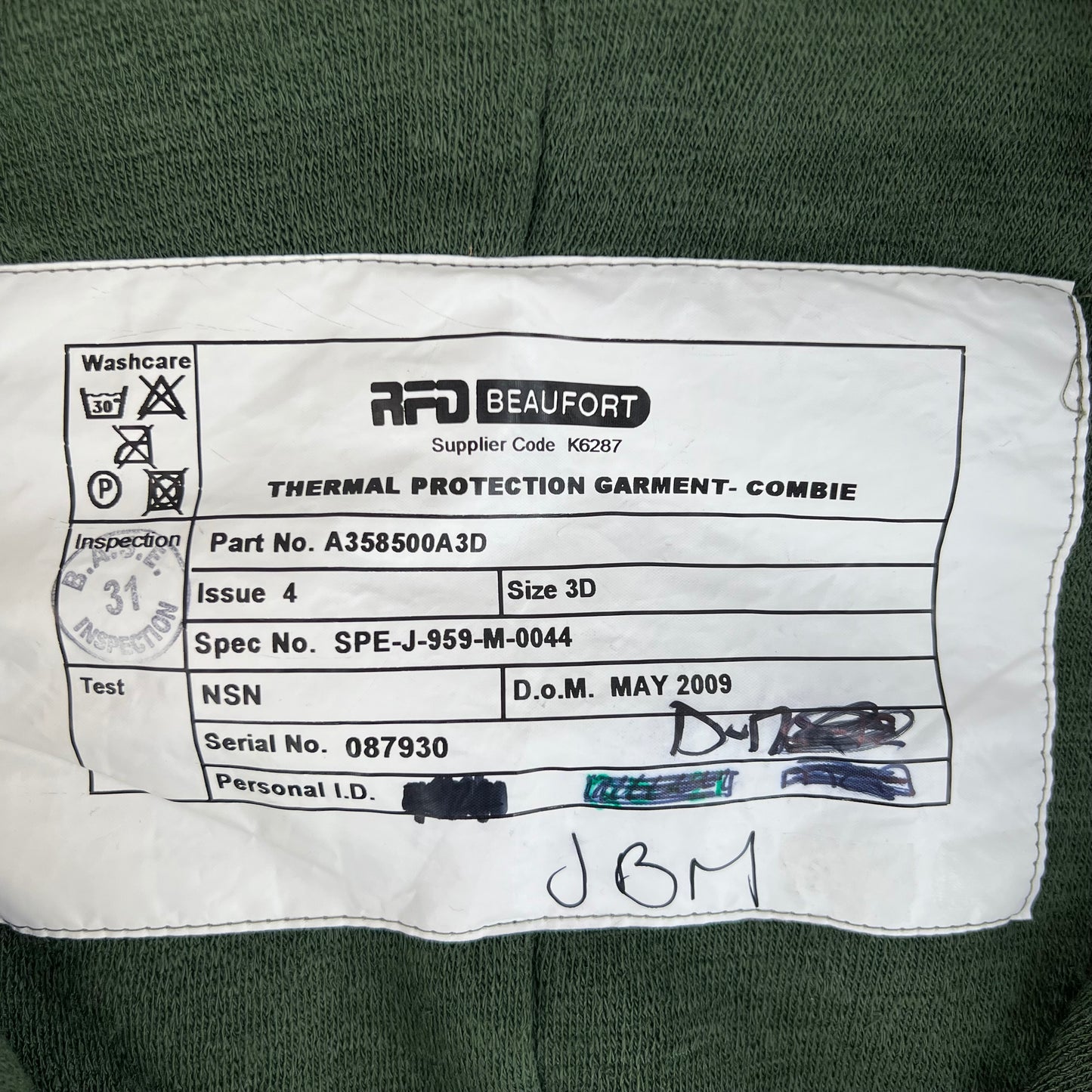 British Army Beaufort Green Thermal Protection Garment Onesie - Combie - Medium