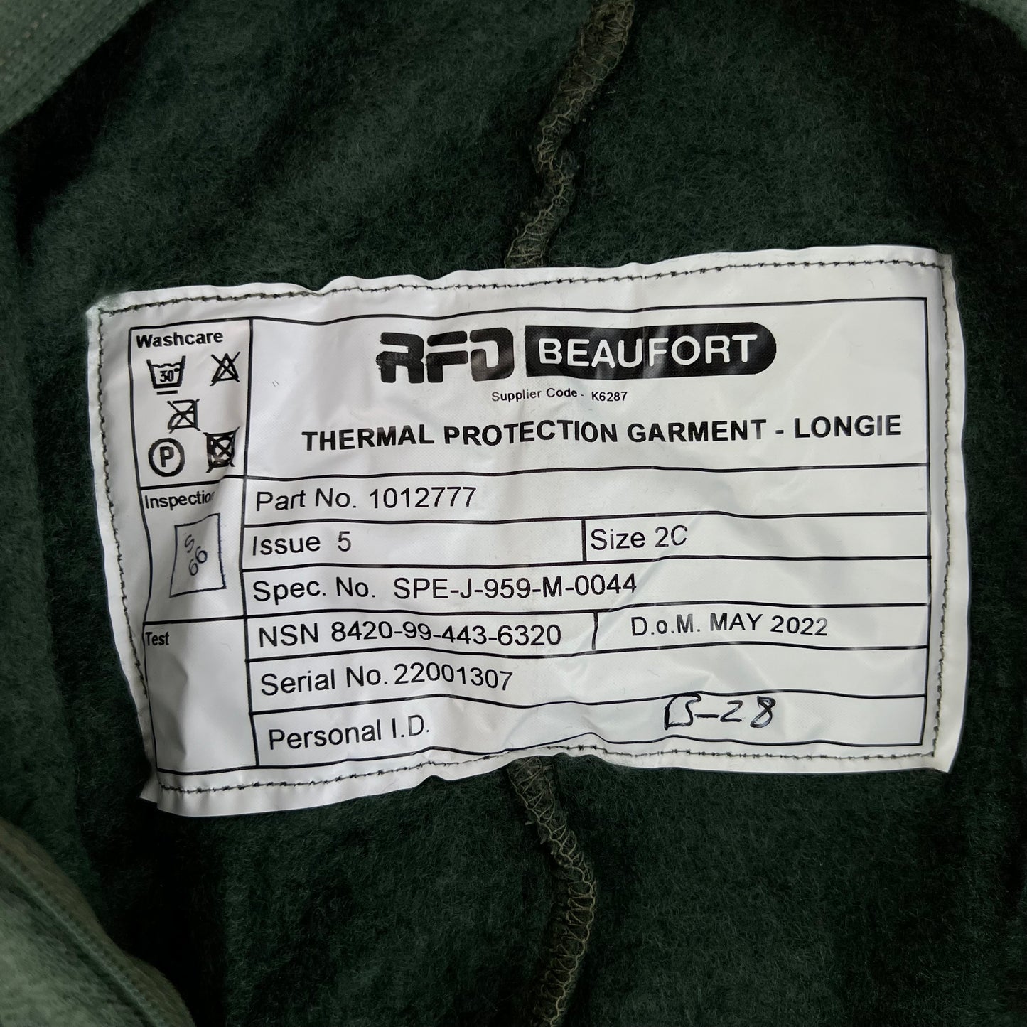 British Army Beaufort Green Thermal Protection Garment Onesie - Longie - Medium