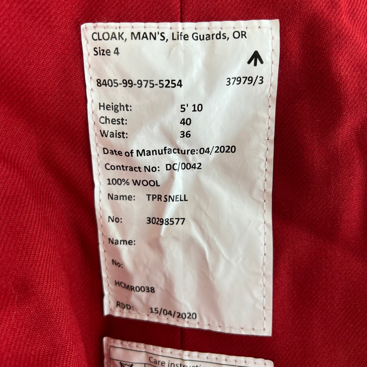 British Army Household Cavalry / Life Guards Scarlet Red Cloak - Large