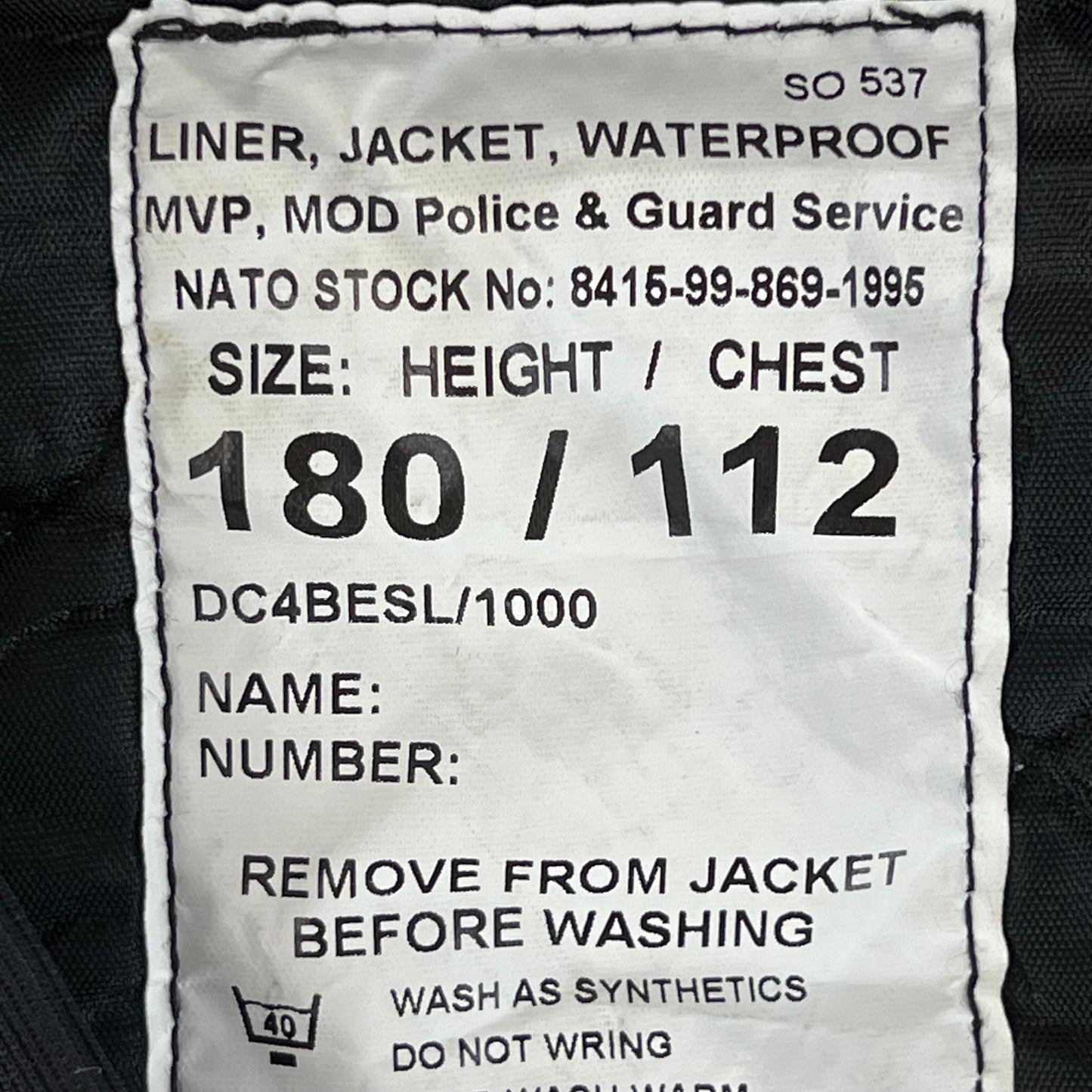 British Police / MoD Guard's Jacket Liner - Large 180/112