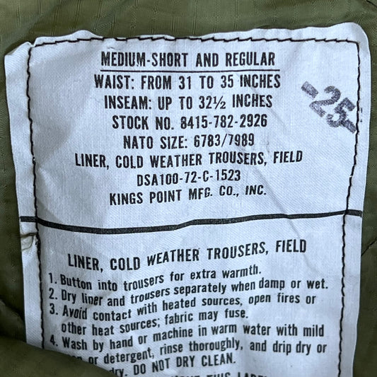 US Army Olive Green Onion Quilted Cold Weather Trouser Liners - Medium