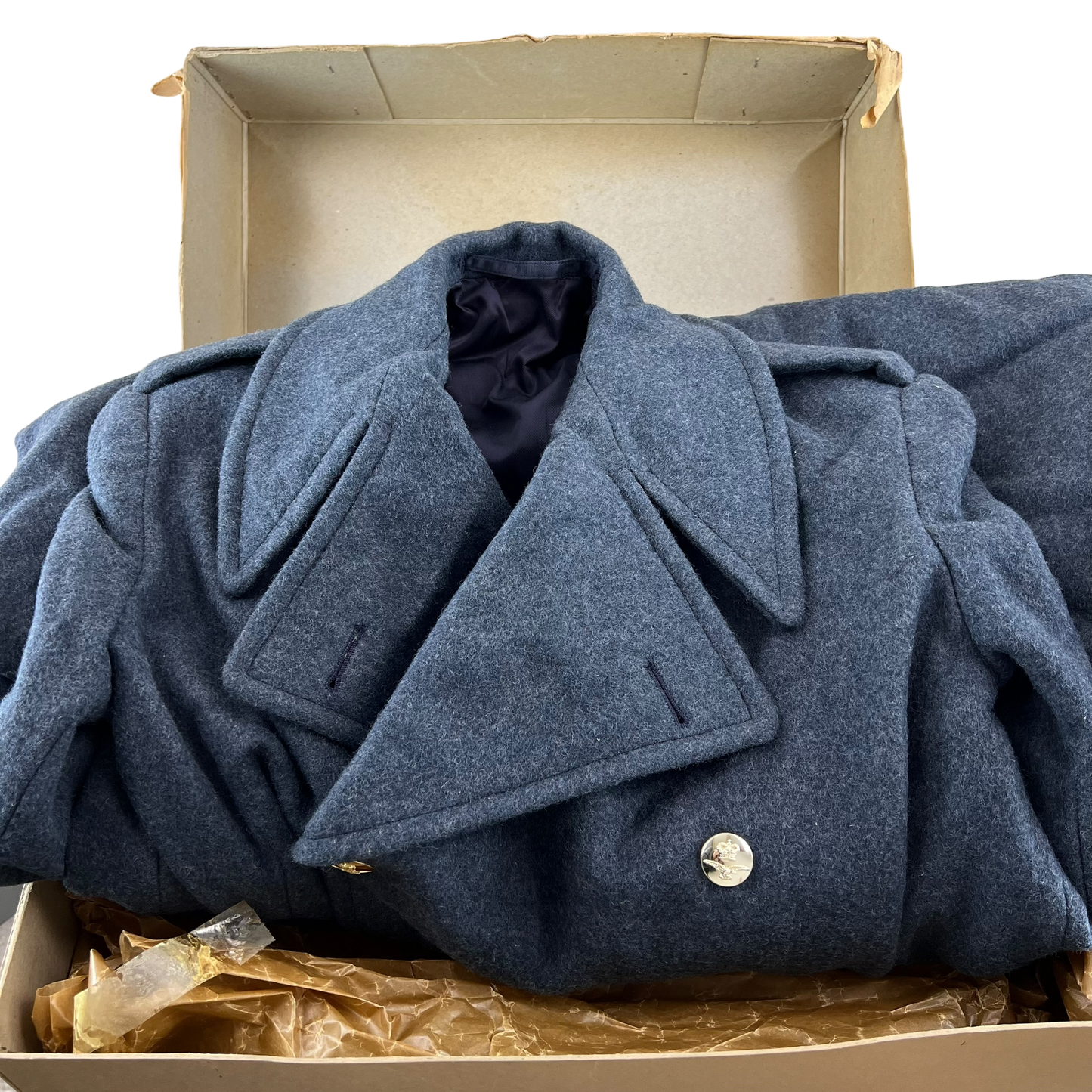 British RAF 60's WO Blue Grey Wool Greatcoat w/ Original Box - Large SIZE 12
