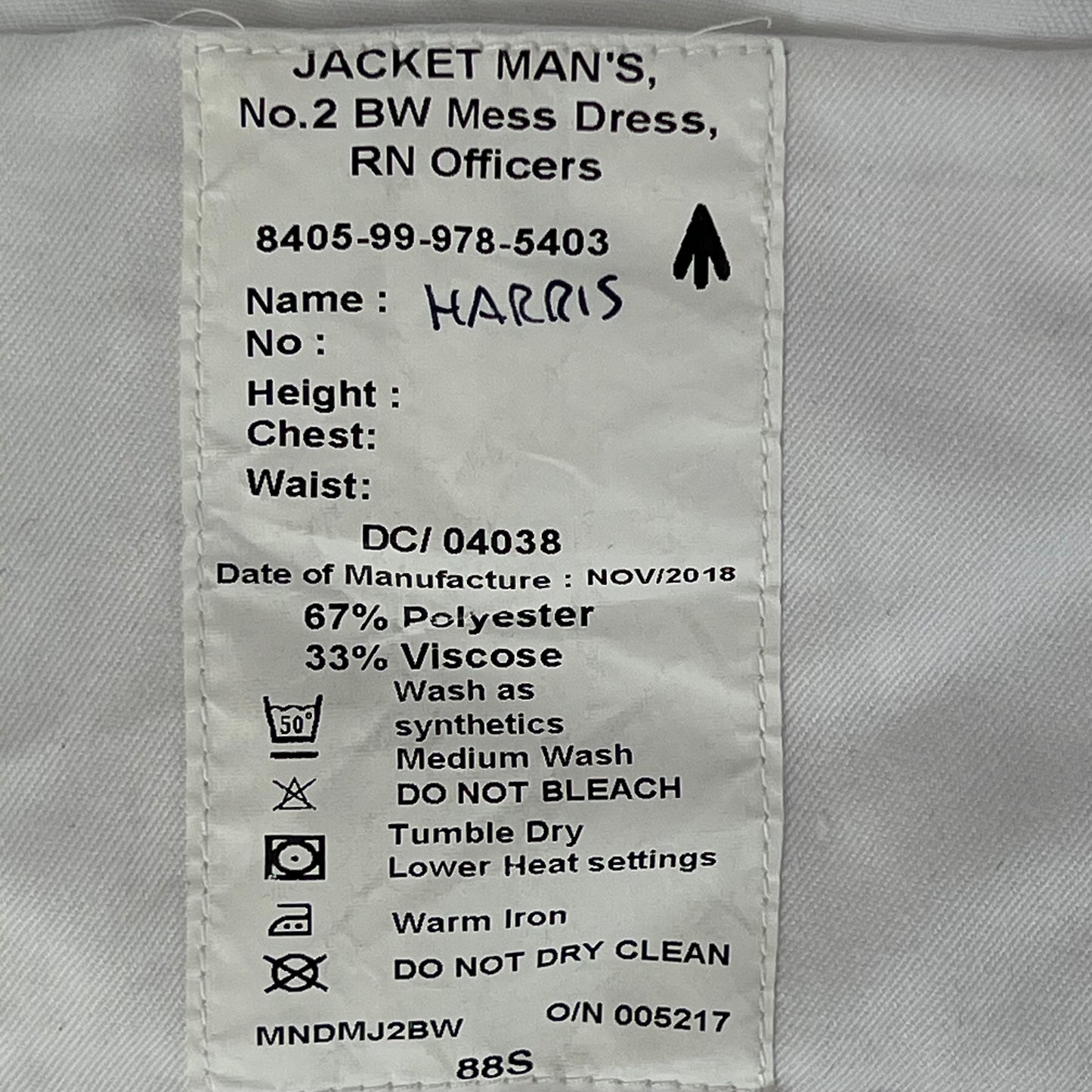 British Royal Navy Tropical No. 2BW Mess Dress Jacket - Small 88S