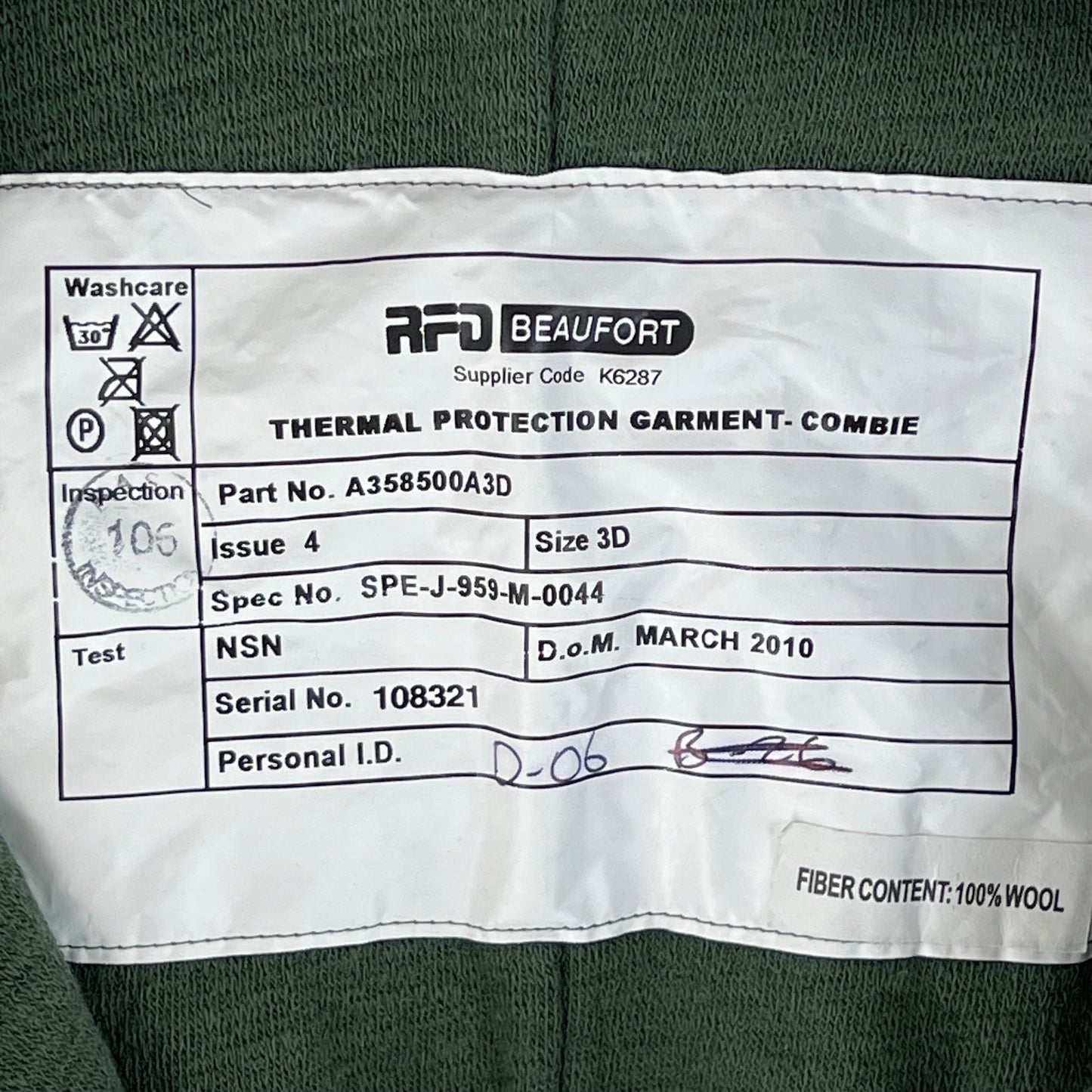 British Army Beaufort Green Thermal Protection Garment Onesie - Combie - Medium