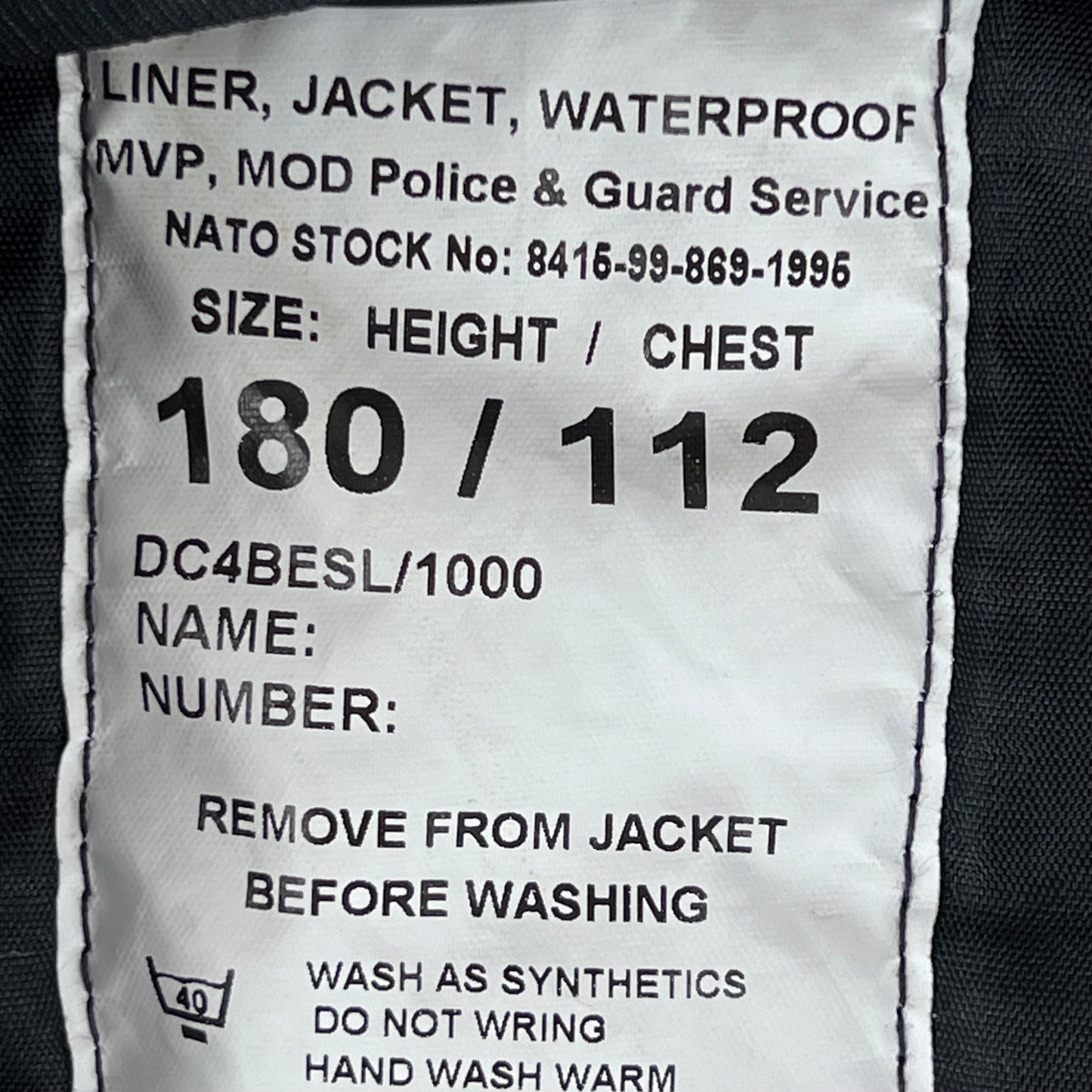 British Police / MoD Guard's Jacket Liner - Large 180/112