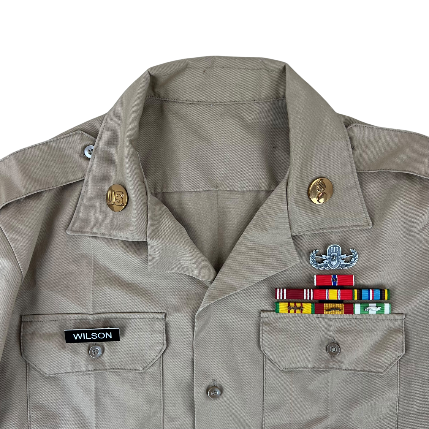 US Army 70s Khaki Short Sleeve Shirt w/ Decorations - Large