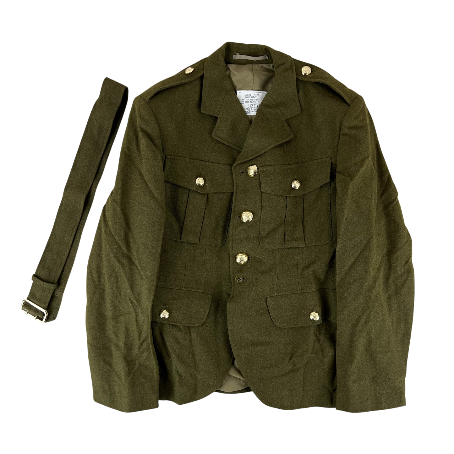 British Army No. 2 Dress Jacket Green 80s Scottish Pattern w Belt - Edinburgh University Officers' Training Corps - Medium