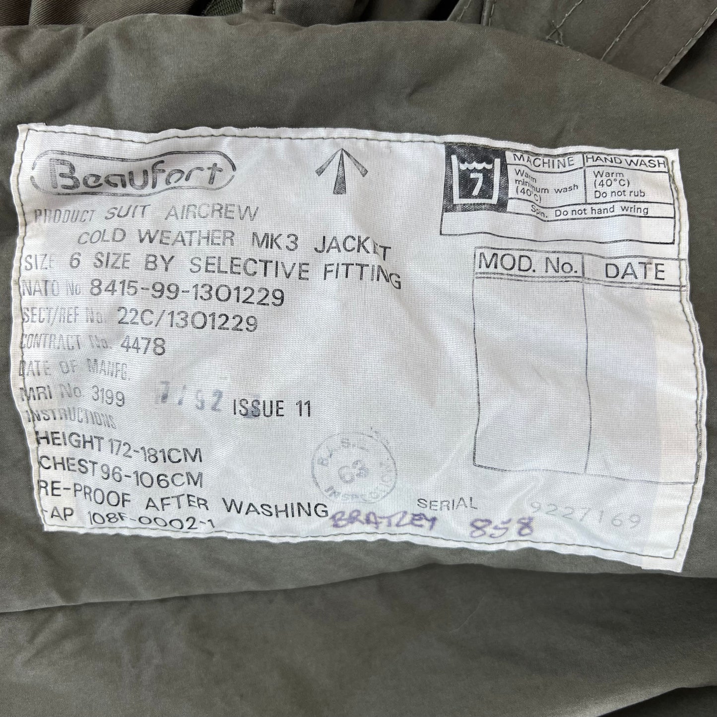 British RAF Aircrew Beaufort Cold Weather Mk 3 Jacket - Medium SIZE 6