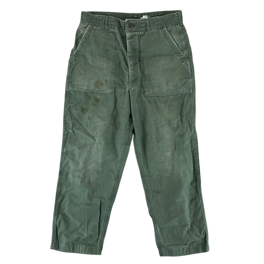 US Army 60s Sateen Olive Green Fatigue Trousers - W32 L26.5