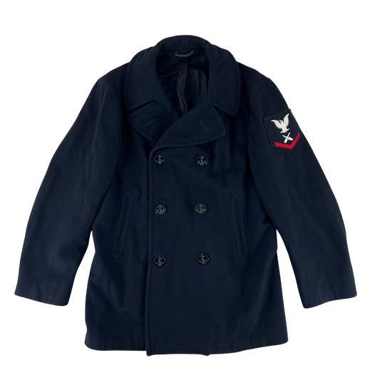 US Navy 70s Black Wool Peacoat - Medium 40R