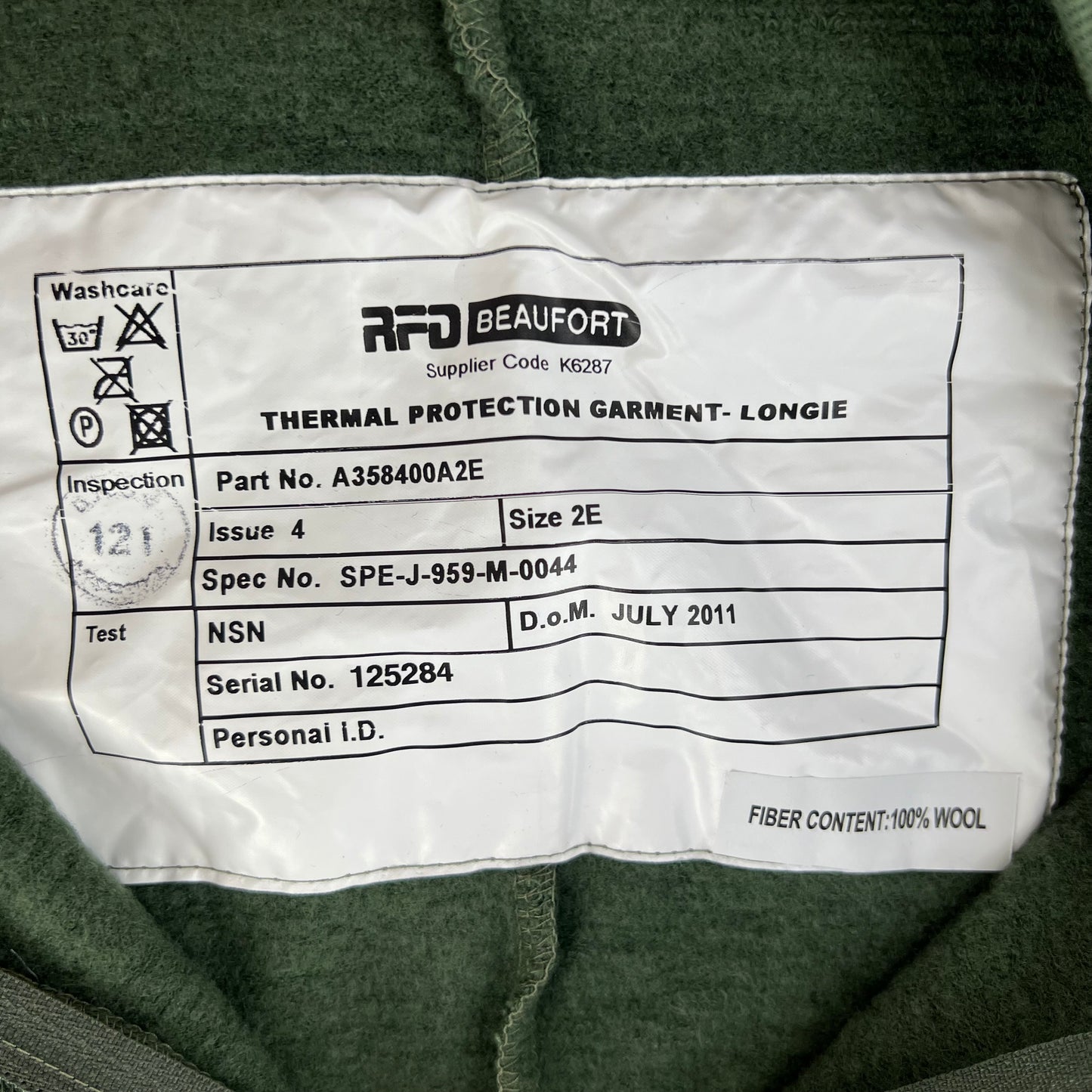 British Army Beaufort Green Thermal Protection Garment Onesie - Longie - Large