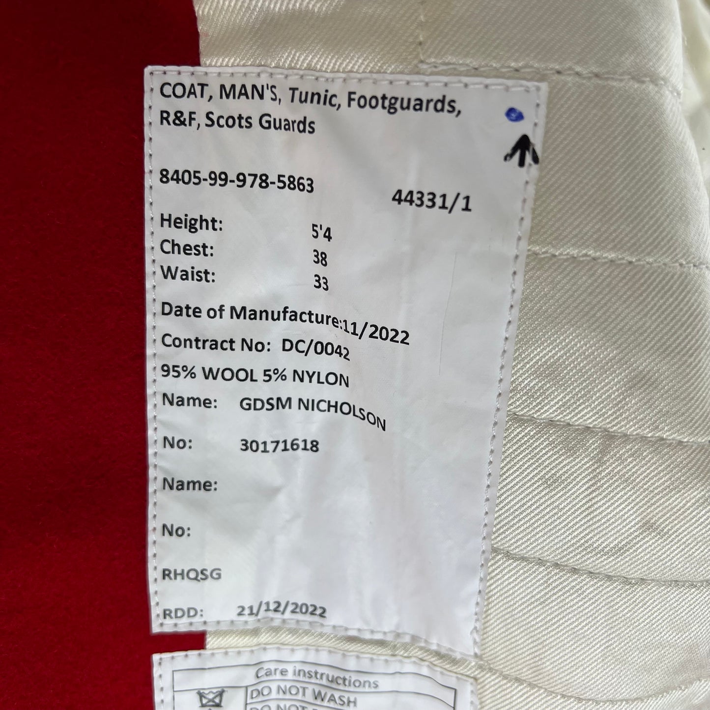 British Army Footguard's Jacket R & F - Scots Guards - Small