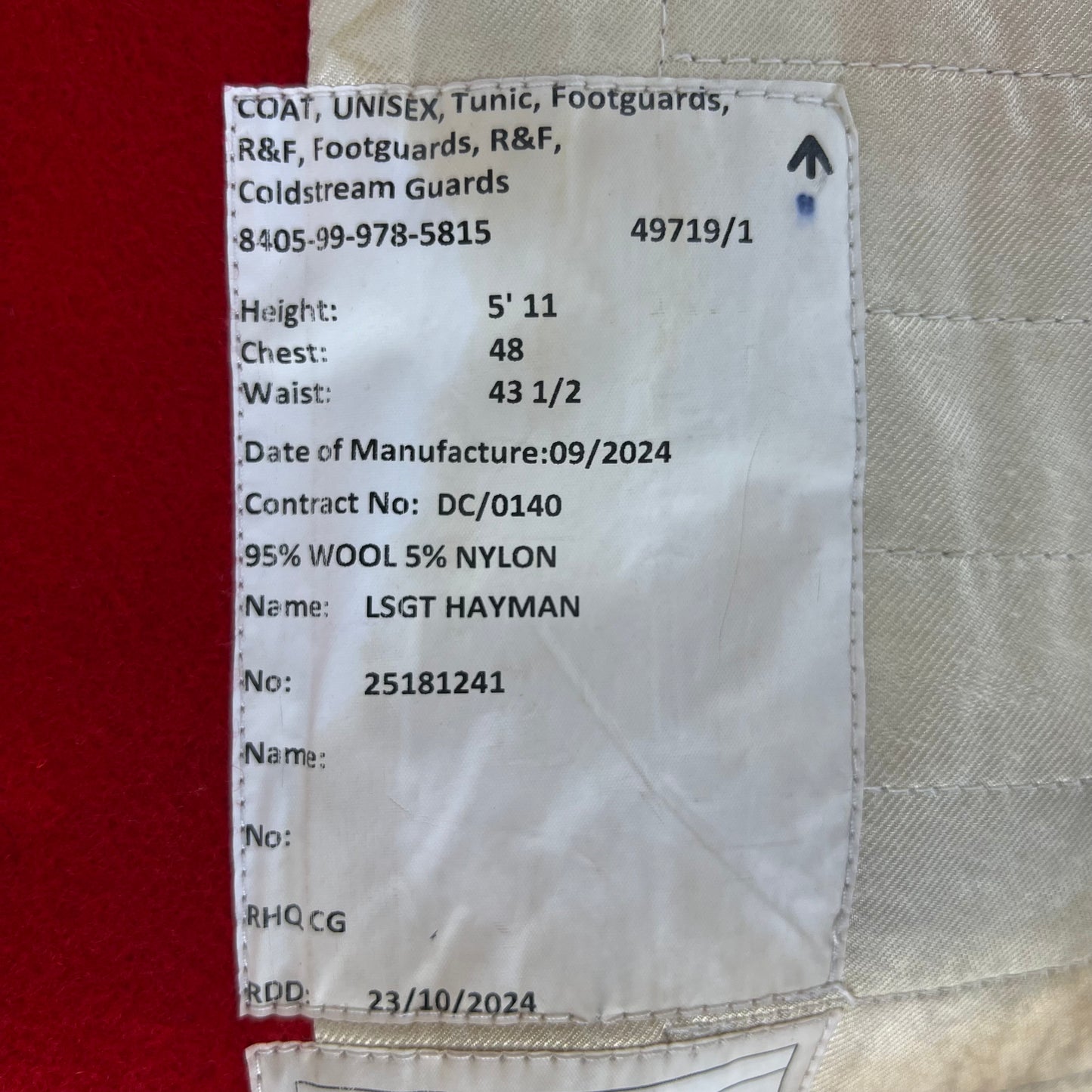 British Army Footguard's Jacket R & F - Coldstream Guards - Large