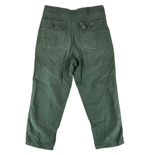 US Army 60s Sateen Olive Green Fatigue Trousers - W32 L26.5