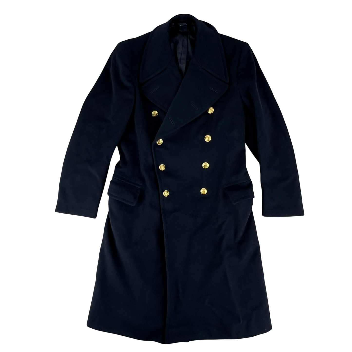 British Royal Navy 60s Black Wool Greatcoat - Small
