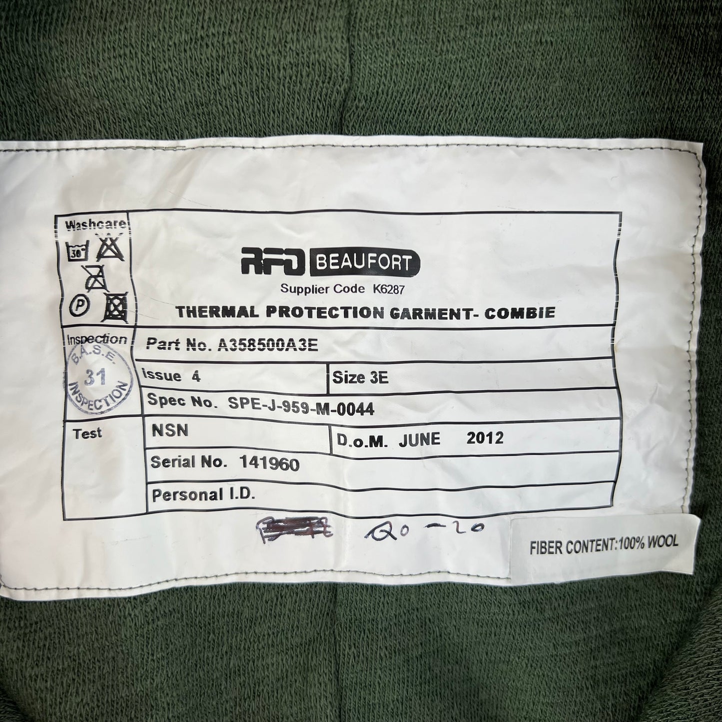 British Army Beaufort Green Thermal Protection Garment Onesie - Combie - Large