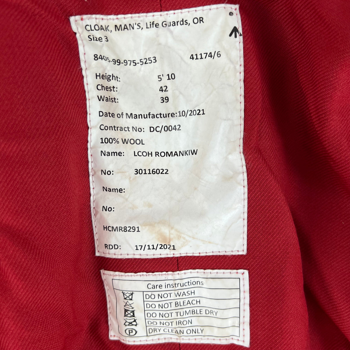 British Army Household Cavalry / Life Guards Scarlet Red Cloak - Large