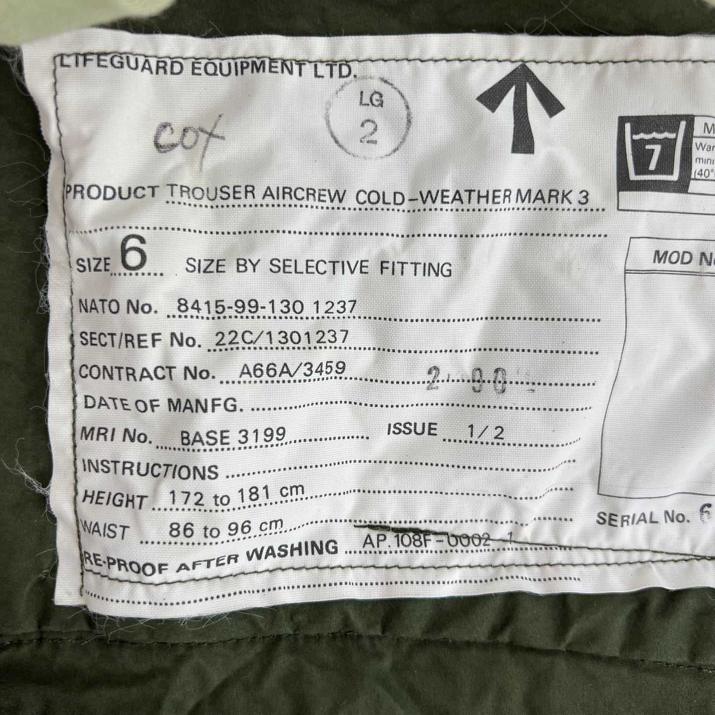 British RAF MK3 FR Cold Weather Aircrew Trousers - W36 L29 SIZE 6