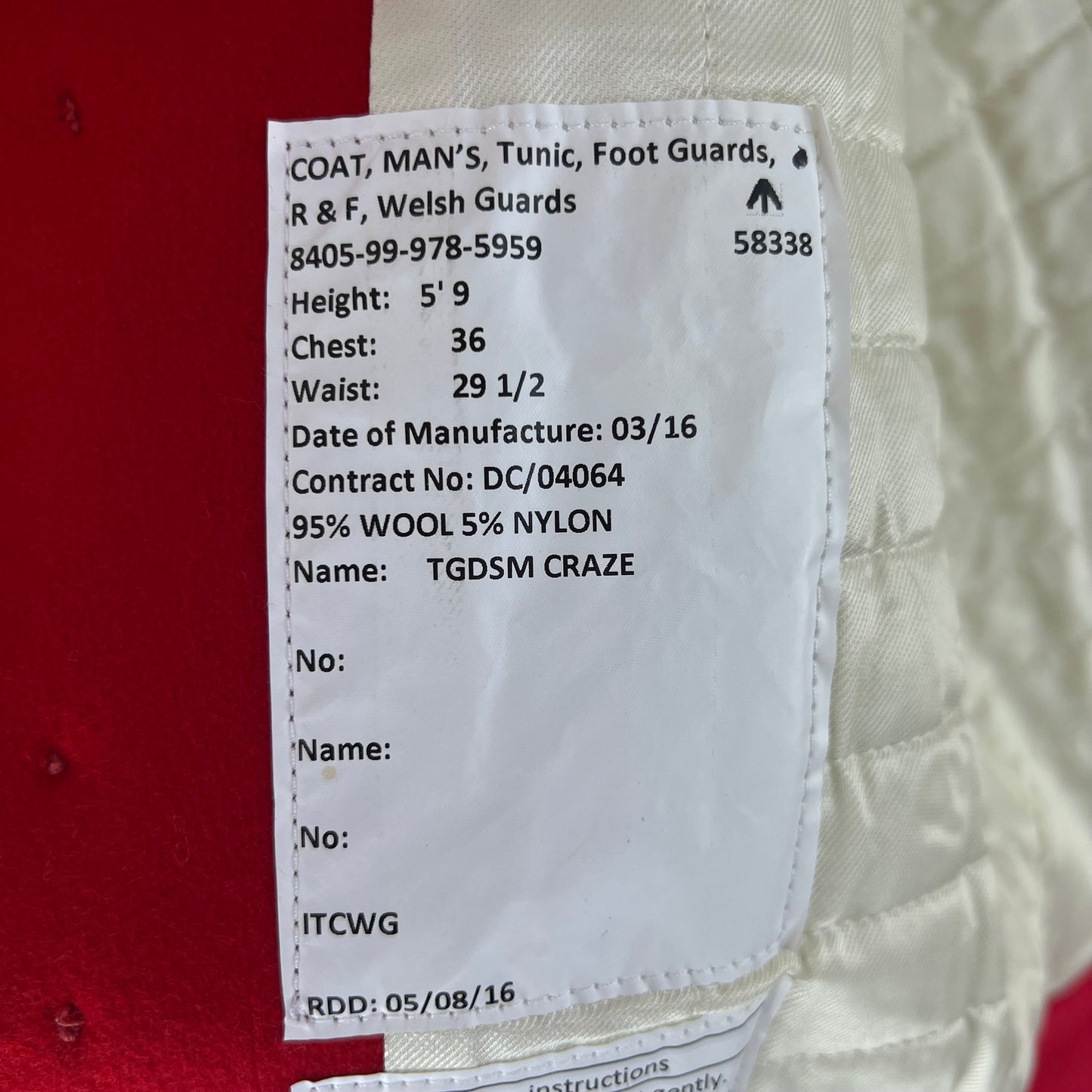 British Army Footguard's Jacket R & F - Welsh Guards - Small